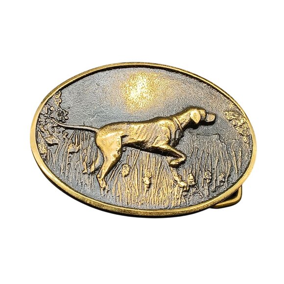 Vintage Solid Brass Dog Belt Buckle With Hunting Dog Design - Made In USA - Picture 1 of 2
